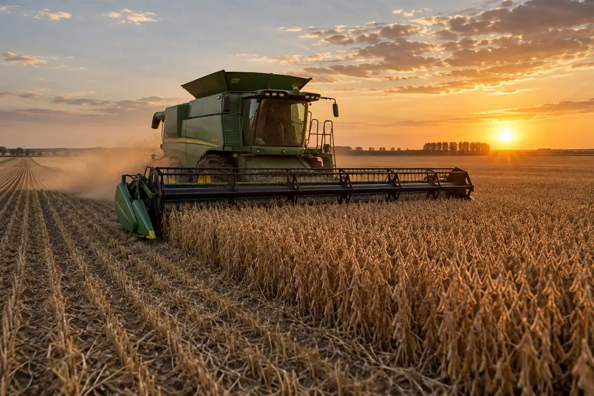 Cosechadora trabajando un lote de soja al atardecer