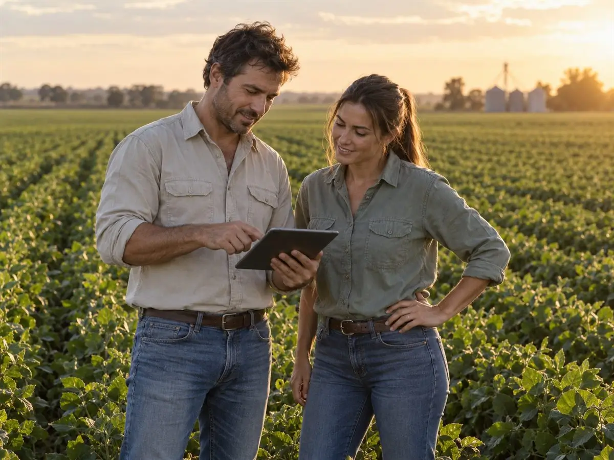 Equipo de La Soñada Agropecuaria revisando datos en el lote al atardecer