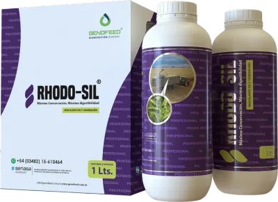 Caja y envases de 1 litro del inoculante Rhodo-Sil de Genofeed