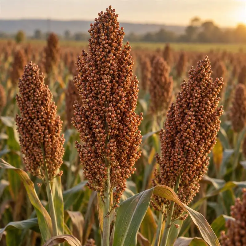 Panojas de sorgo en el lote a la luz del atardecer